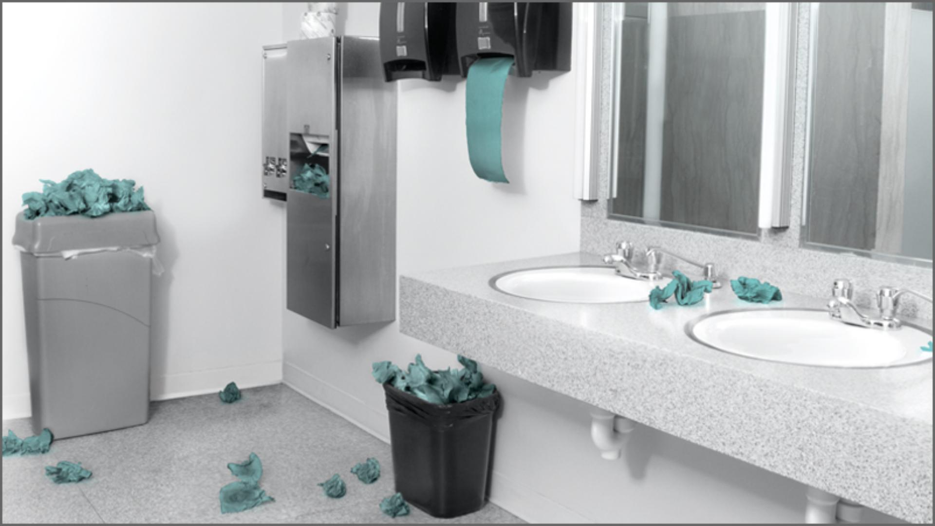 Image shows a washroom covered in litter