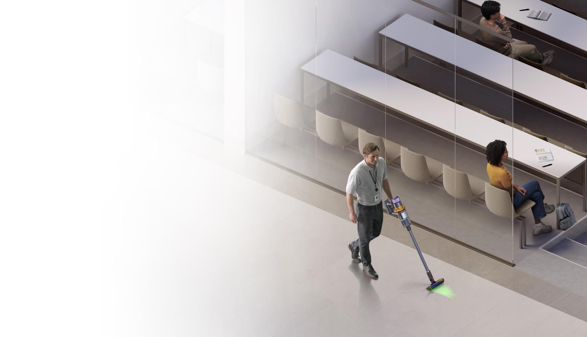 Man cleaning floor with Dyson V15 Detect vacuum