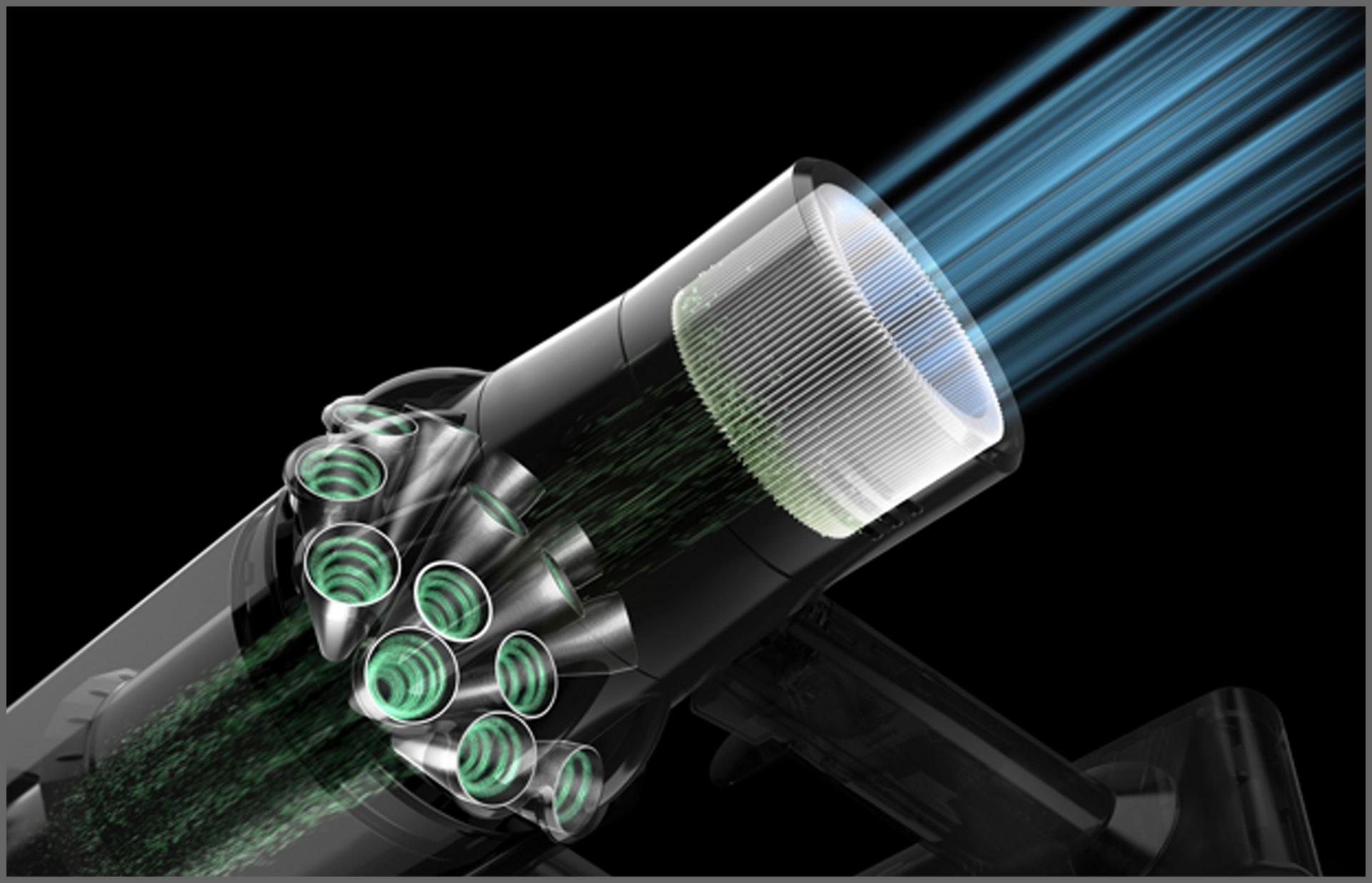 Diagram of airflow through a Dyson V11™ vacuum filter