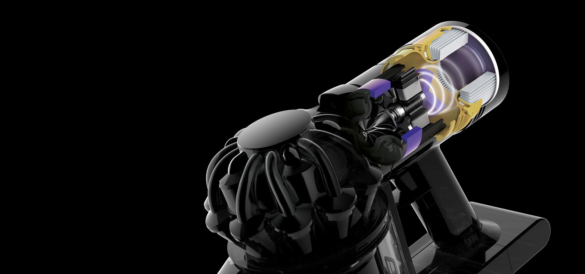 Cutaway of Dyson V8 vacuum's accoustic baffling