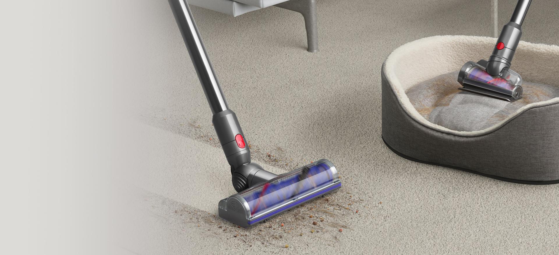 Motorbar cleaner head vacuuming hair from a floor