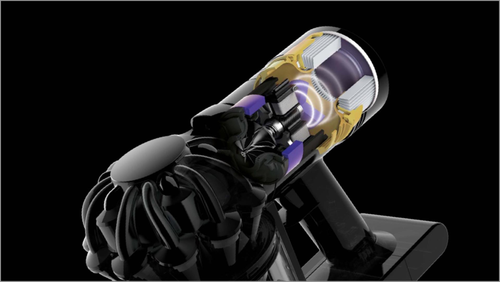 Cutaway of Dyson V8 vacuum's accoustic baffling