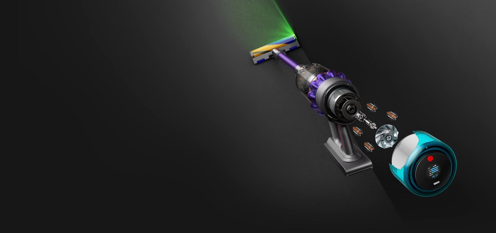 Overhead view of Dyson Gen5detect, highlighting the LCD screen and the illuminated cleaner head.