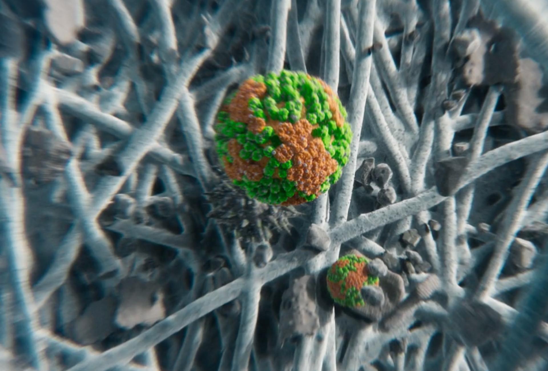 Illustration of a microscopic virus entangled in debris.