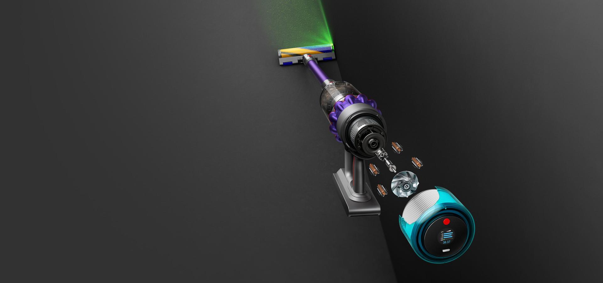 Overhead view of the Dyson Gen5detect with green light emitting from the cleaner head.