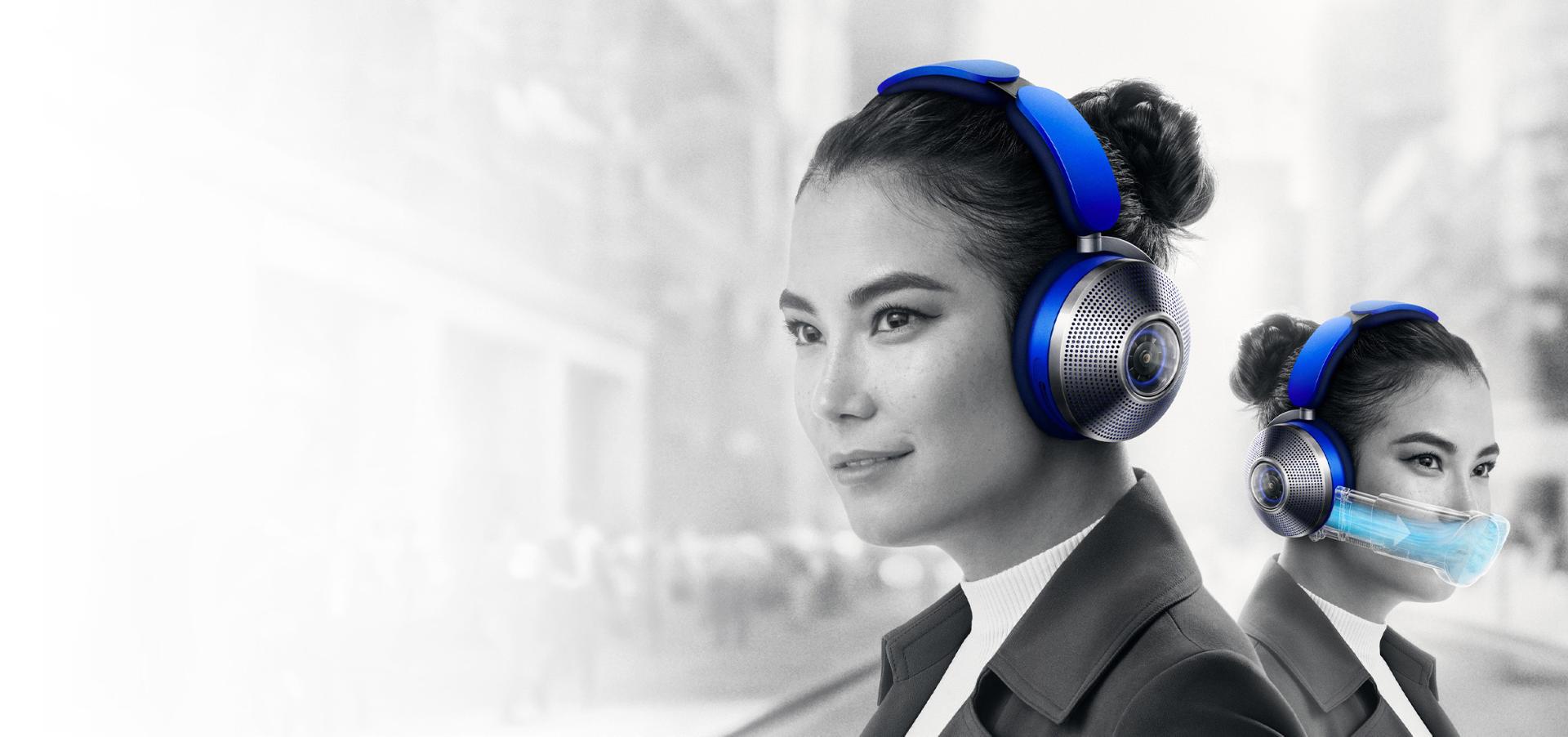 Woman wearing air-purifying headphones