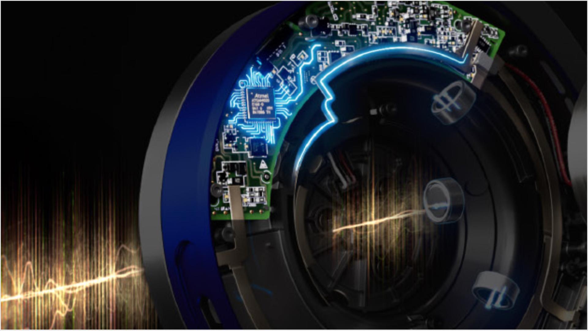 Exploded view shows the circuit board inside the ear cup.