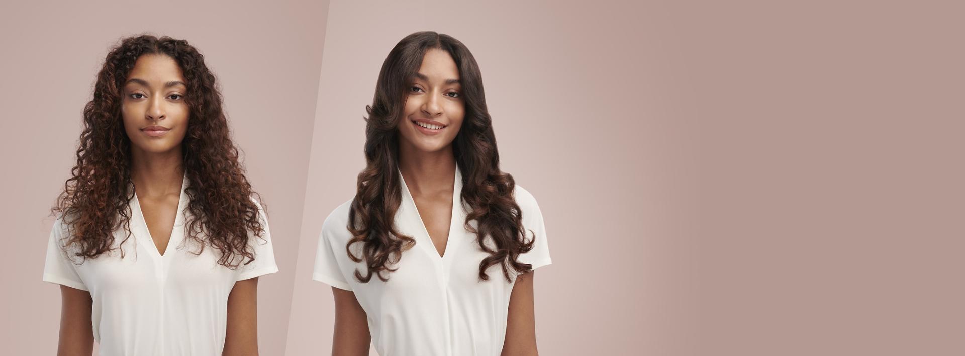 Model with type 1 hair demonstrating her hair before and after being styled with the Dyson Airwrap multi-styler.