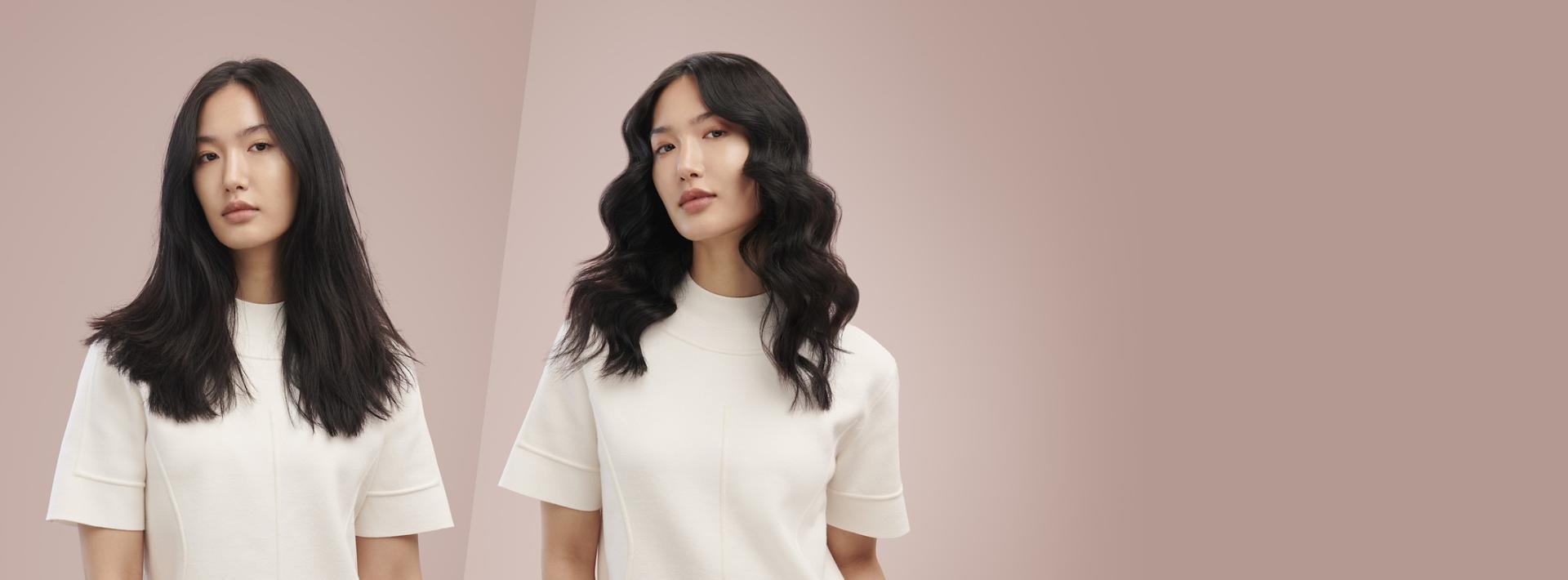 Model with type 1 hair demonstrating her hair before and after being styled with the Dyson Airwrap multi-styler.