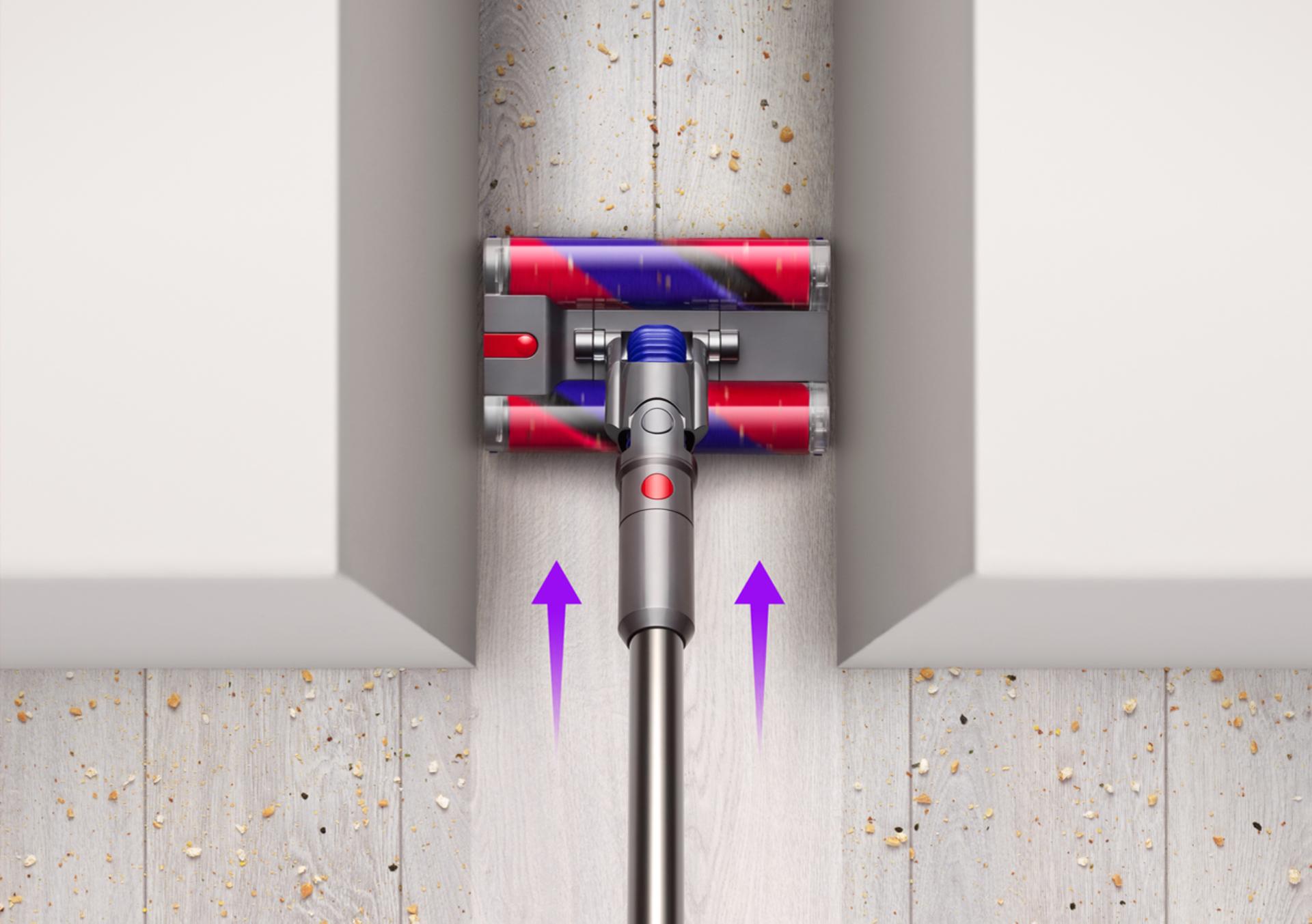 Diagram of Double Fluffy™ cleaner head cleaning in a narrow gap.