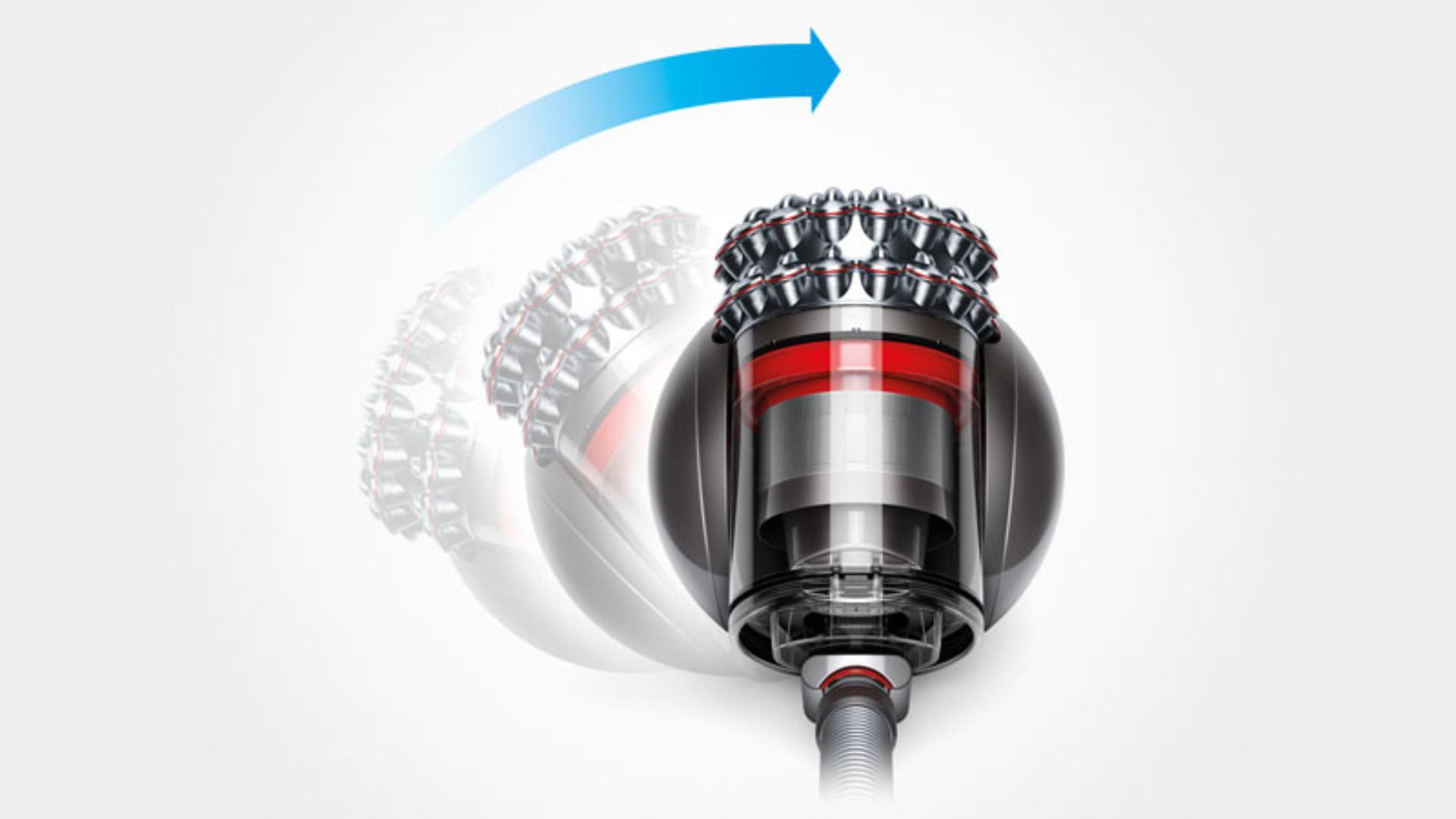 Diagram of a Dyson Cinetic Animal Pro vacuum self righting.