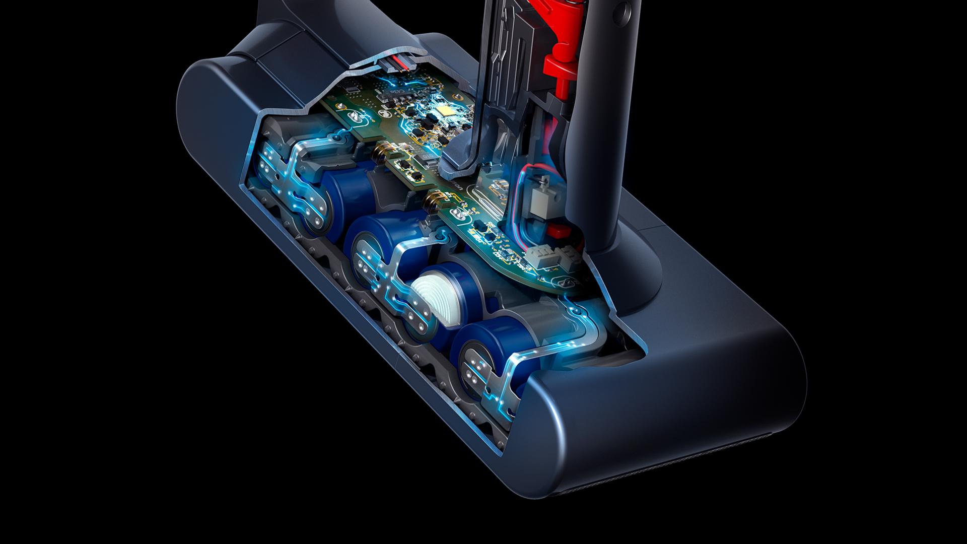 Cutaway diagram of Dyson cordless stick vacuum battery