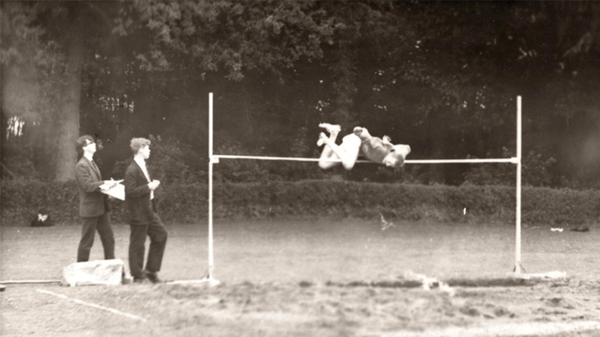 James Dyson captured mid-air above the high jump