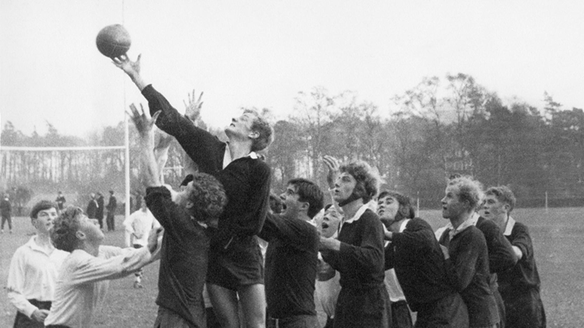 James Dyson reaches for the ball in a rugby lineout
