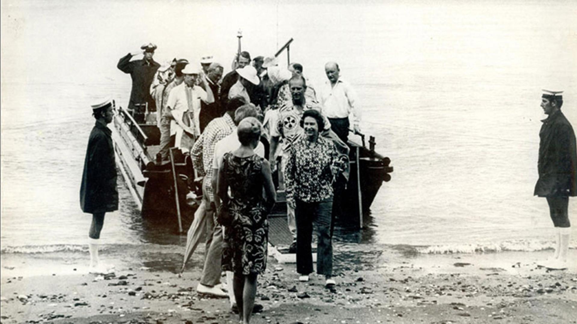 Queen Elizabeth II and the Duke of Edinburgh disembarking their Sea Truck