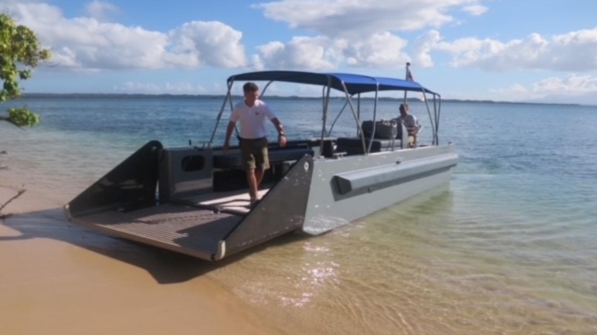 James Dyson disembarking from his Sea Truck