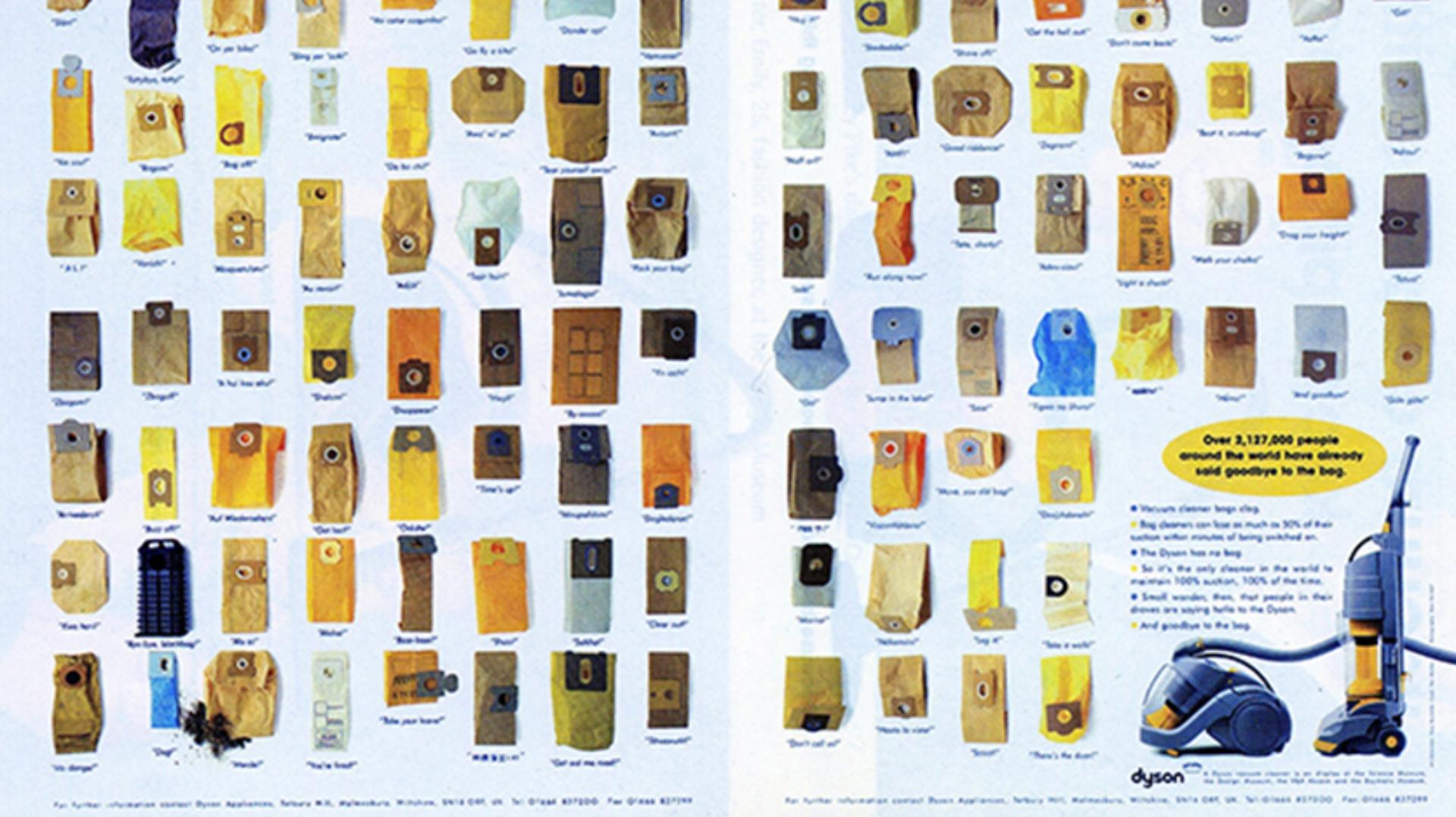 A print advert for DC01, showing rows and rows of vacuum bags