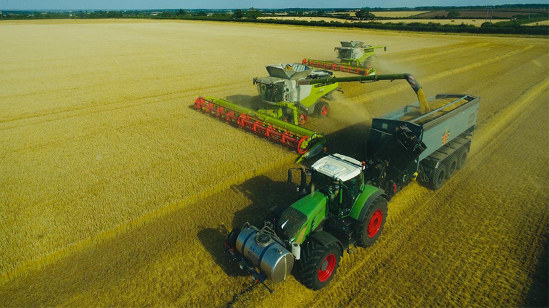 Aerial view of spring barley harvesting