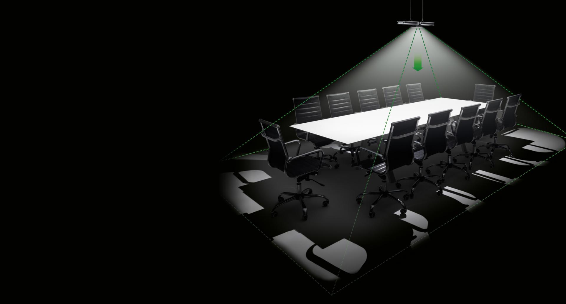 Dyson Cu-Beam Down light with targeted pyramid of light on boardroom table