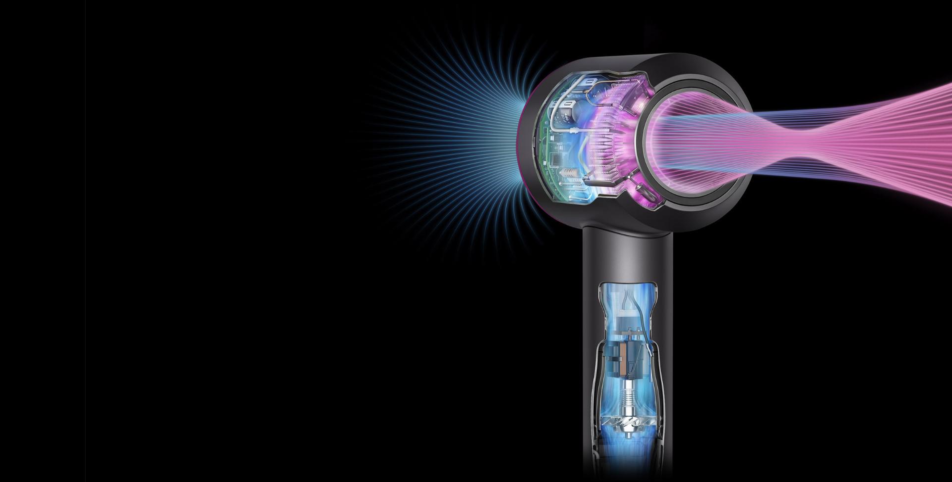 Cutaways of the Supersonic hair dryer to demonstrate powerful airflow and intelligent heat control