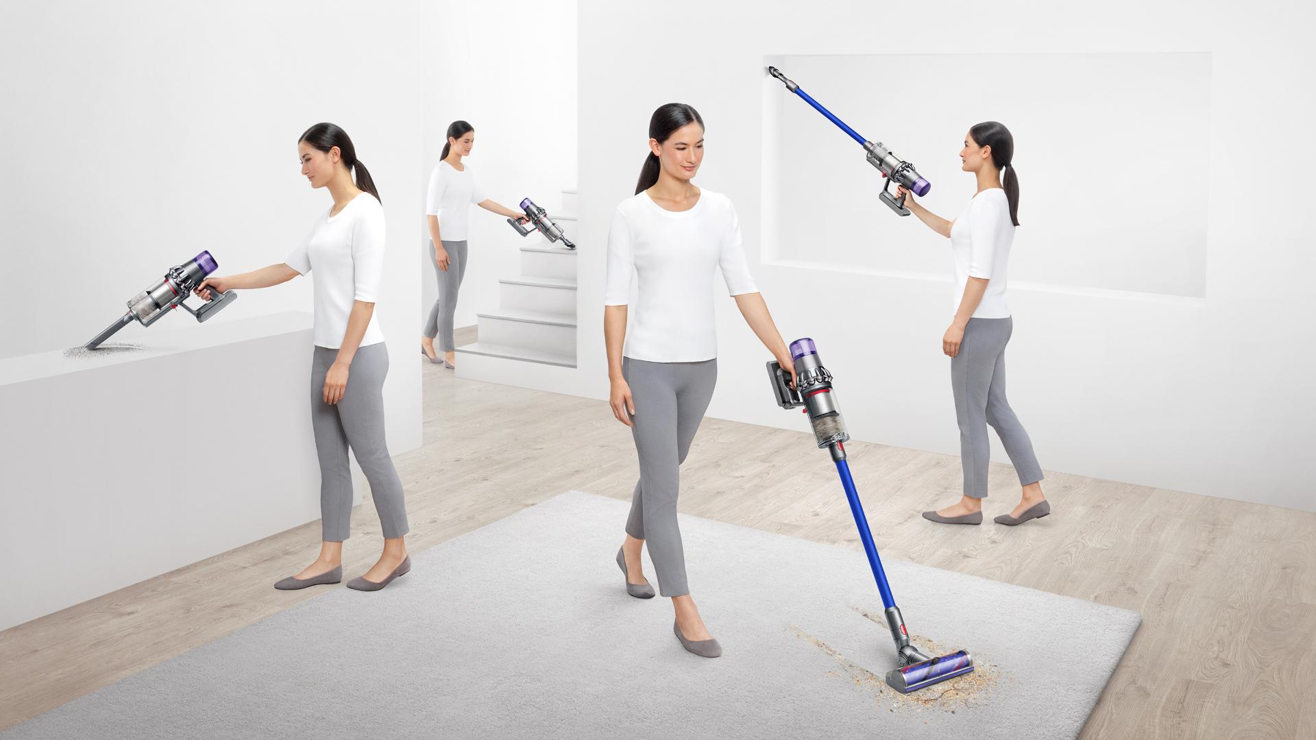 Woman vacuuming in different places around a home