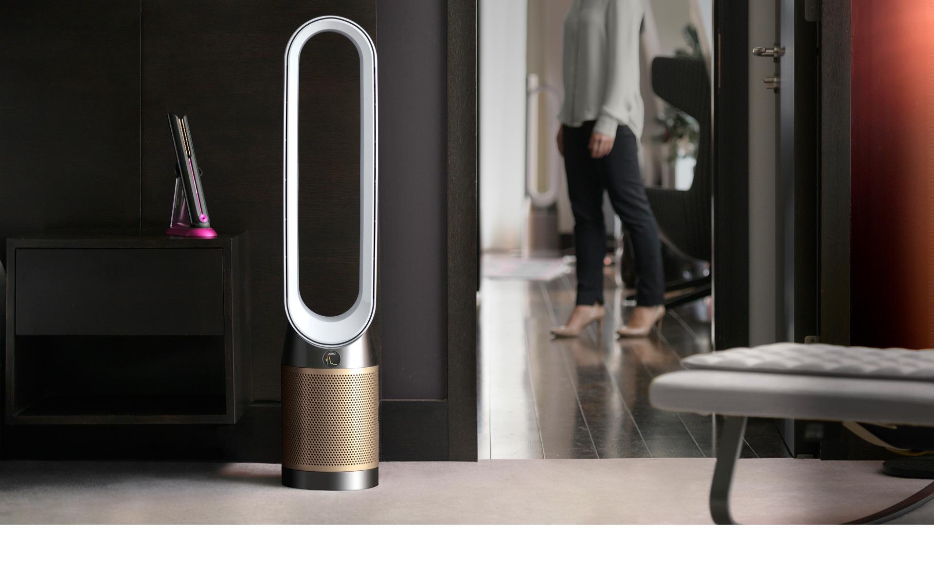 Dyson purifier on desk in hotel room