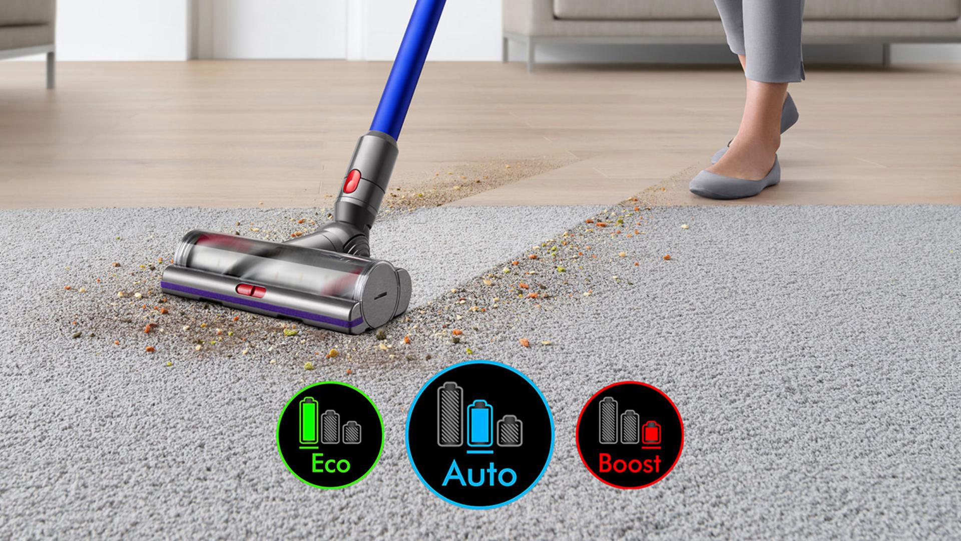 Cleaner head on carpet with image of screen showing three power modes