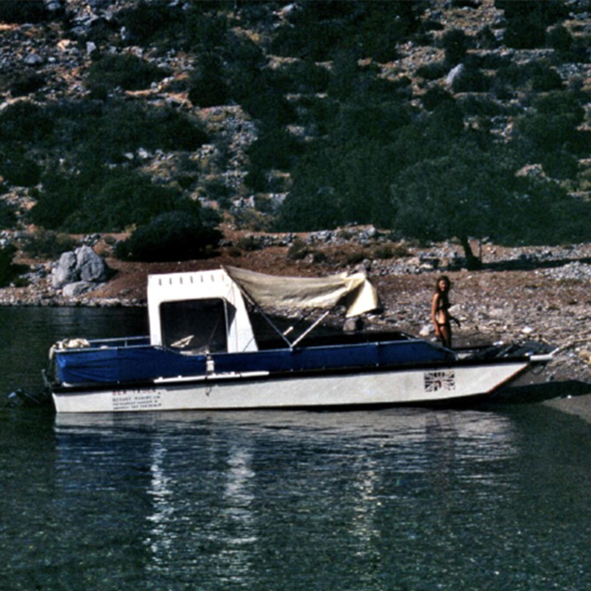 Deirdre Dyson onboard a Sea Truck in Hydra