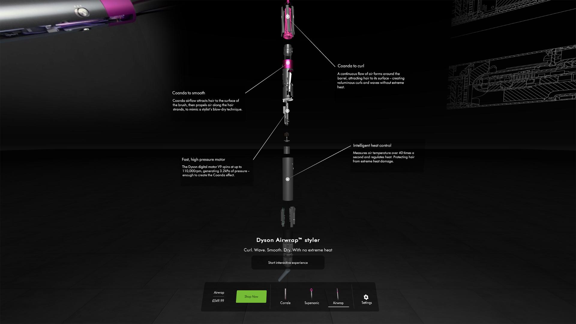 Exploded view of the Dyson Airwrap styler, with unique technology labelled and explained.