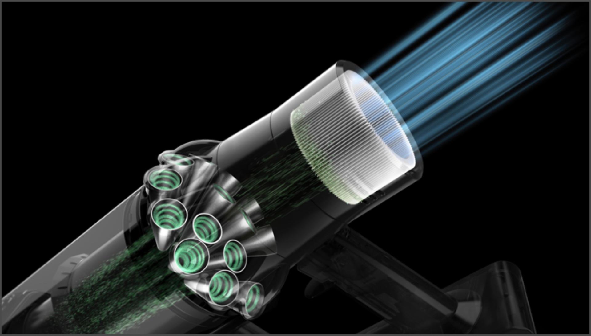 Diagram of airflow through a Dyson V11™ vacuum filter