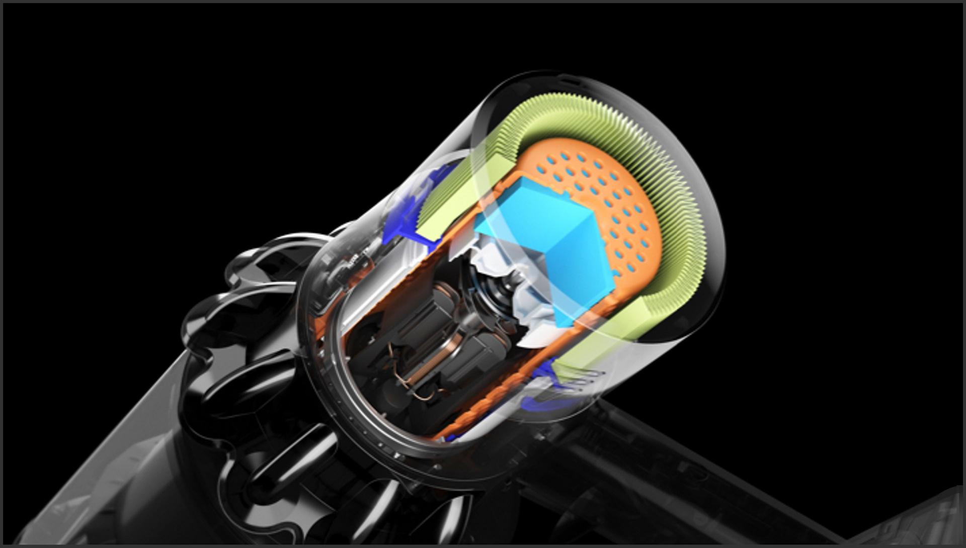 Cutaway of Dyson V11 vacuum filter showing soundproofing